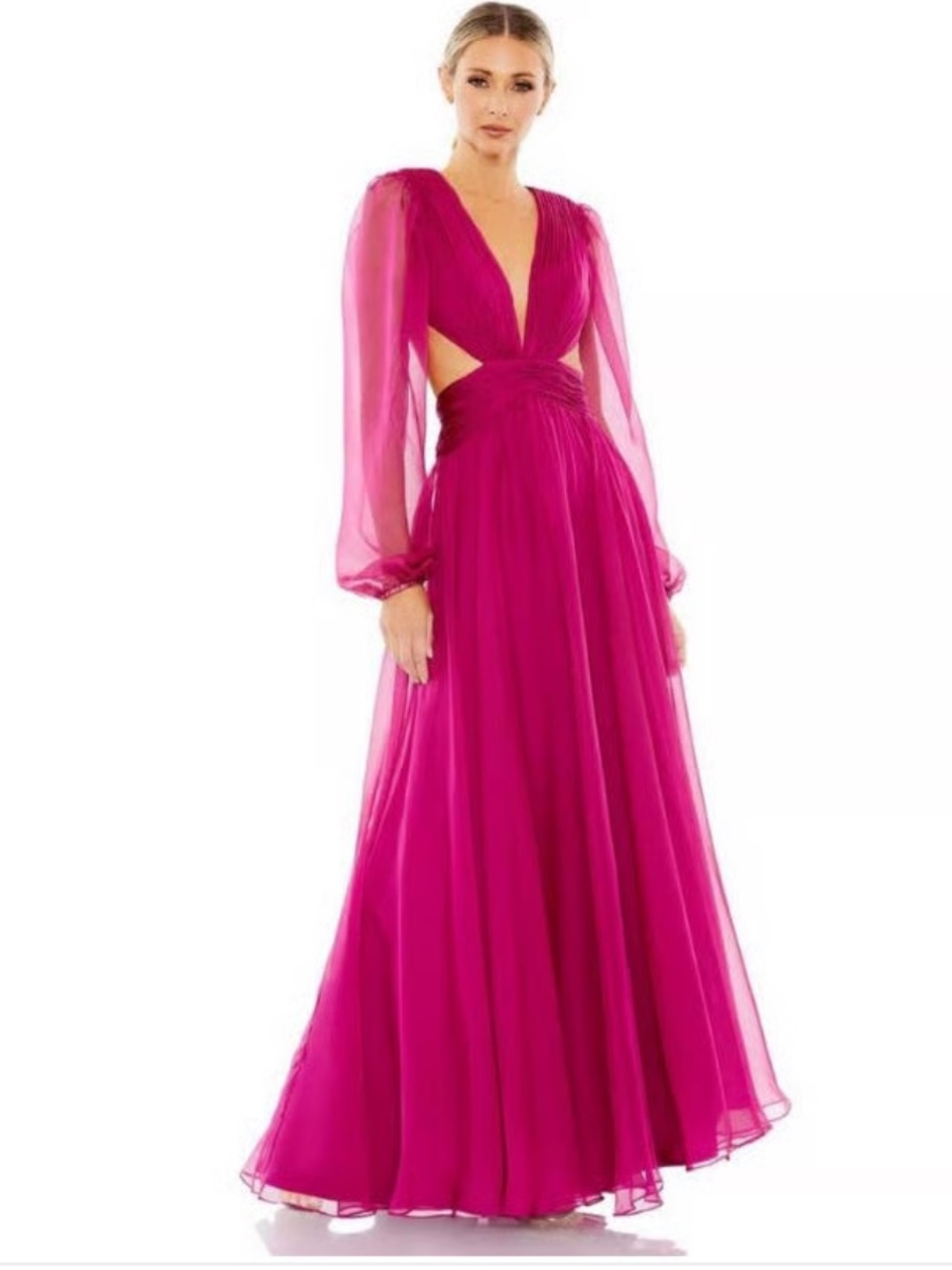 Ieena for Mac Duggal 55823 Berry Elegant Long-Sleeve V-Neck Evening Gown